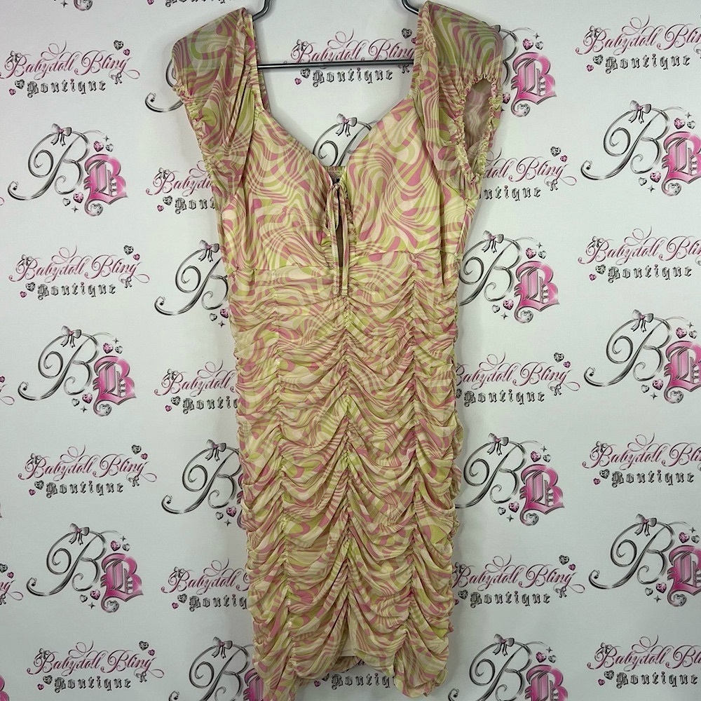 Madden NYC dress psychedelic swirl rutching Chic Multicolor Ruched Mini Dress